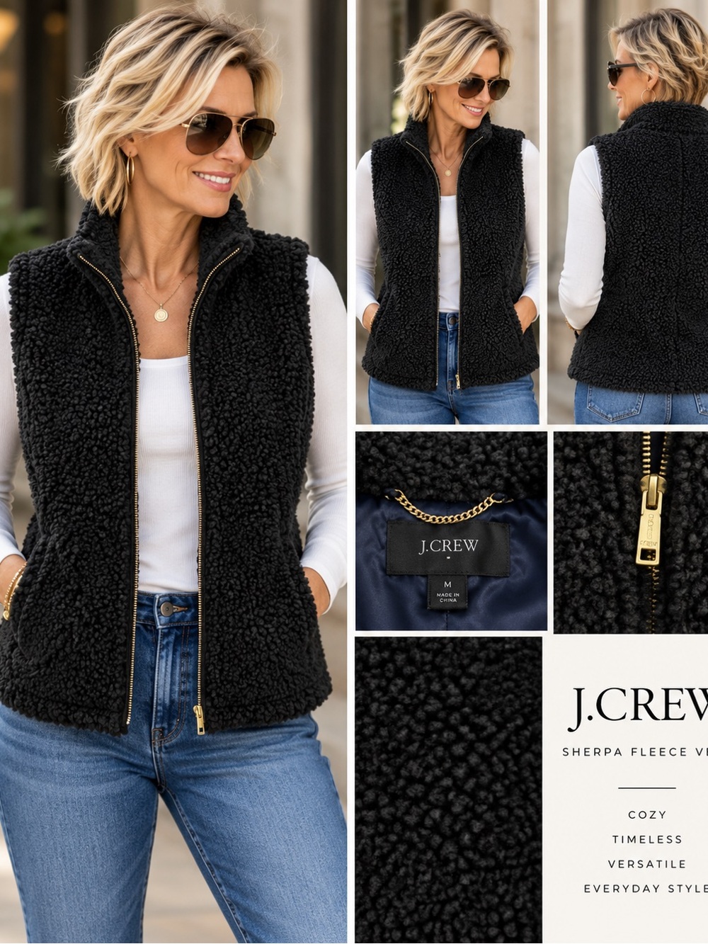 J. Crew Black Sherpa Fleece Vest with Gold Zipper